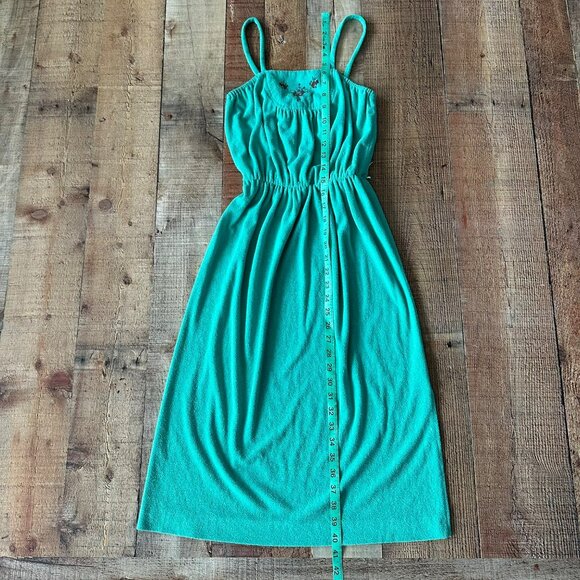 Green Terry Cloth Midi Sundress With Floral Embroidery Cami Sleeves Sleeveless - Picture 6 of 8